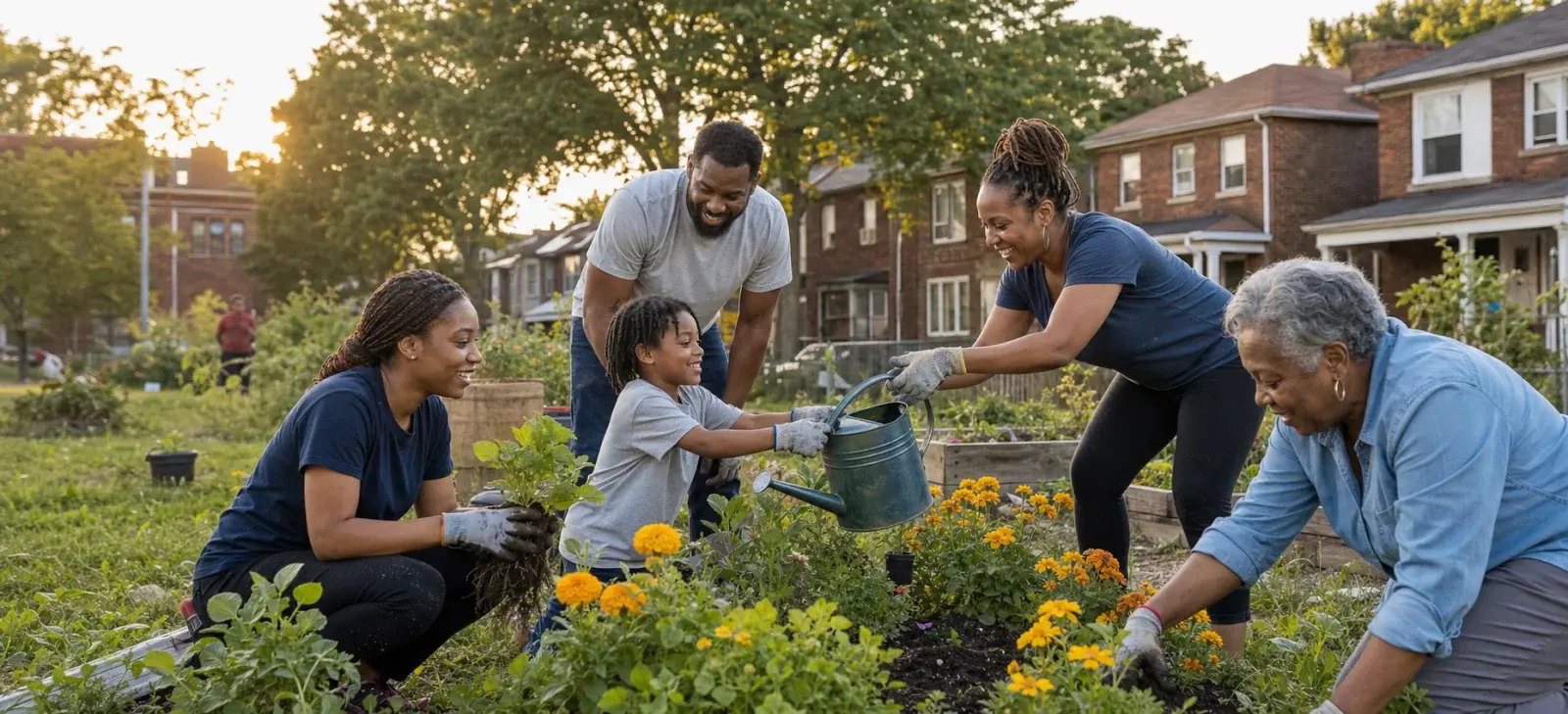 Detroit neighbors tending a community garden together